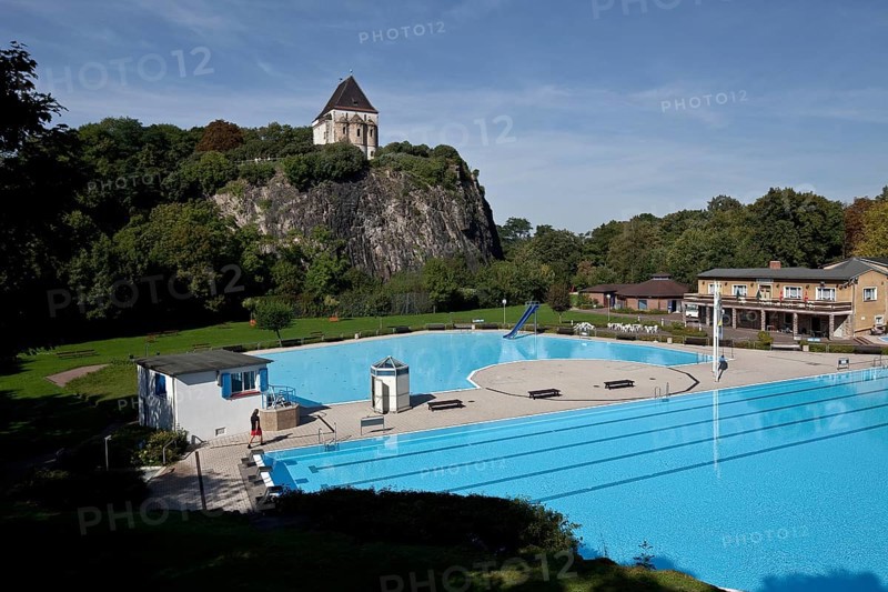 View from the east, in front Felsenbad, outdoor pool, St., Sankt, Saint