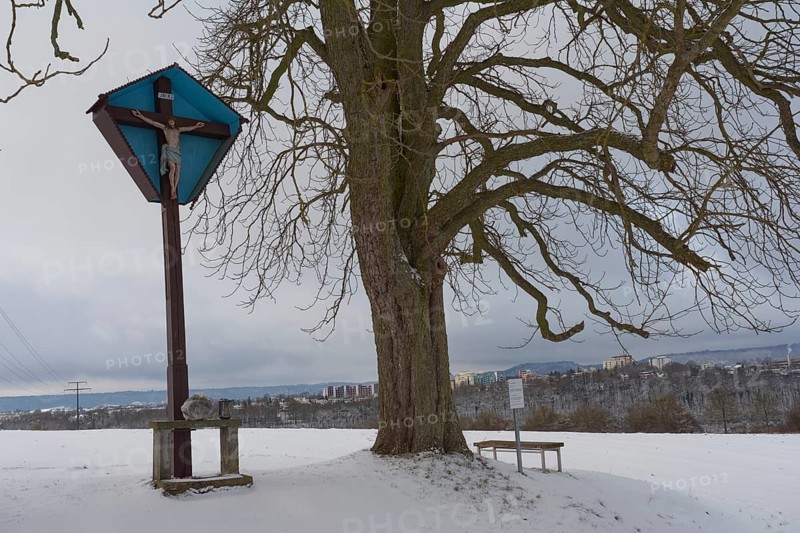 Wayside cross, Gschlachtenbretzingen, cross, Schwäbisch Hall, winter, snow, Hohenlohe, Germany, Europe