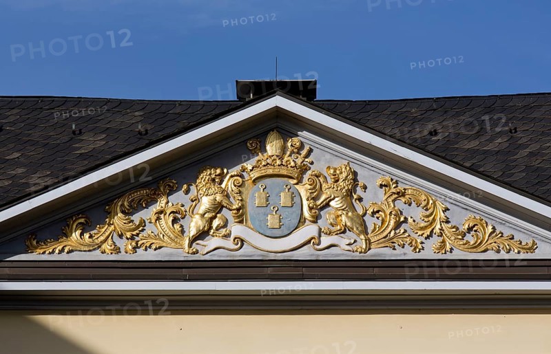 Former imperial abbey Kornelimünster, late baroque palace complex, today home to the Art from North Rhine-Westphalia exhibition, east gable with coat of arms