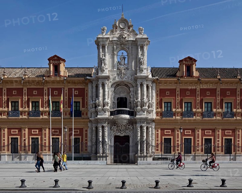 Seville, San Telmo Palace. San Telmo Palace west façade section with main portal. Facade from 1757
