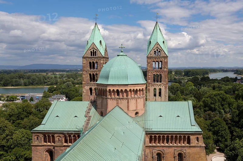 Speyer, Cathedral Church of St Mary and St Stephen, Speyer Cathedral, Imperial Cathedral, view from the south-west tower to the crossing, the Rhine in the background