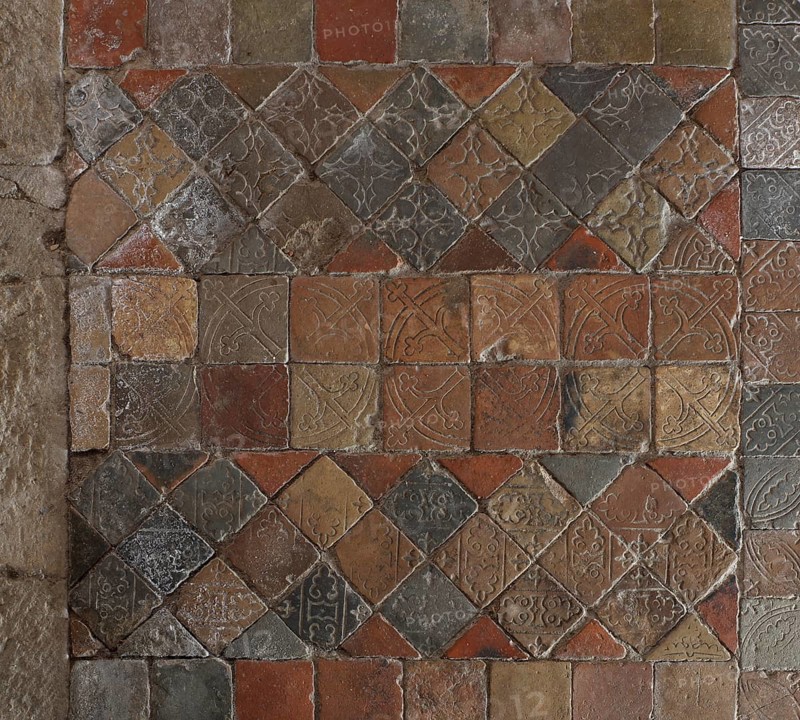 Monastery church, floor detail with Romanesque tiles, St., Sankt, Saint