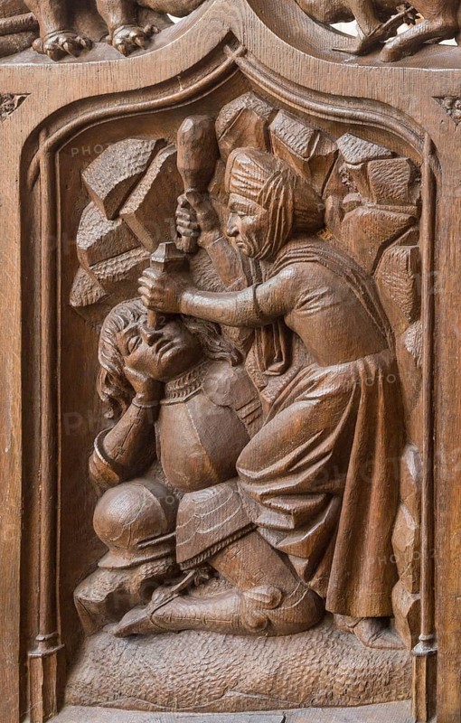 Constance, Minster, choir stalls, sculptors Heinrich Yselin and Simon Haider around 1470, stall cheek: Jaël kills Sisara