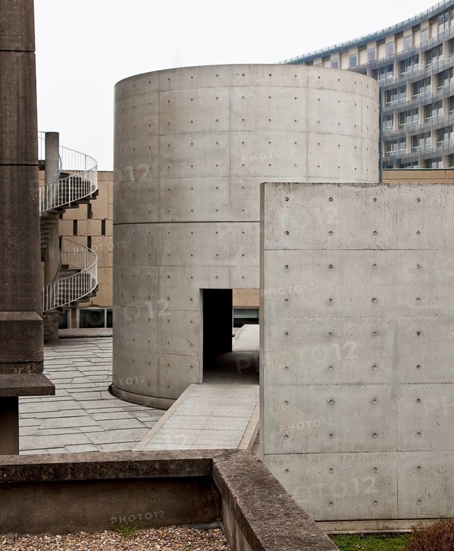 Interdenominational meditation room, 1995 by Tadao Ando, view from the east, left building by Marcel Breuer after 1952