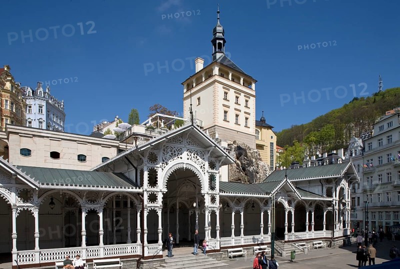 Czech Rep Karlovy Vary/Karlsbad Market fountain colonnade above castle tower Market colonnade from 1883. architects Fellner & Helmer