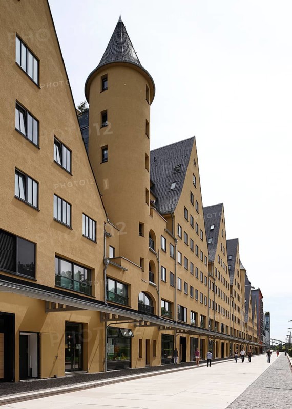 Historic Siebengebirge warehouse, converted into modern residential buildings, landside