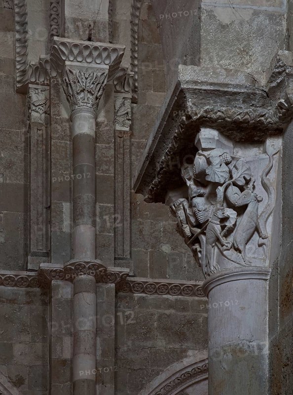 Vezelay, Basilica of Ste-Marie-Madeleine. Interior. South aisle figure capital. Left half-column on the north wall of the nave, St., St., Saint
