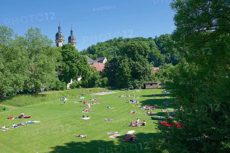 Bathing area at Schöntal Monastery, Jagsttal, sunbathing lawn, Jagst, sunbathing, bathing, swimming, river, bathing area, recreation, sunbathing, relaxing, leisure, meadow, Hohenlohe, Germany, Europe