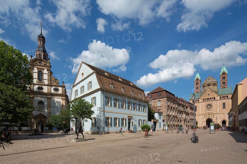 Speyer, Cathedral Church of St Mary and St Stephen, Speyer Cathedral, Imperial Cathedral, view of the westwork from Maximiliansstraße. The Protestant Trinity Church on the right