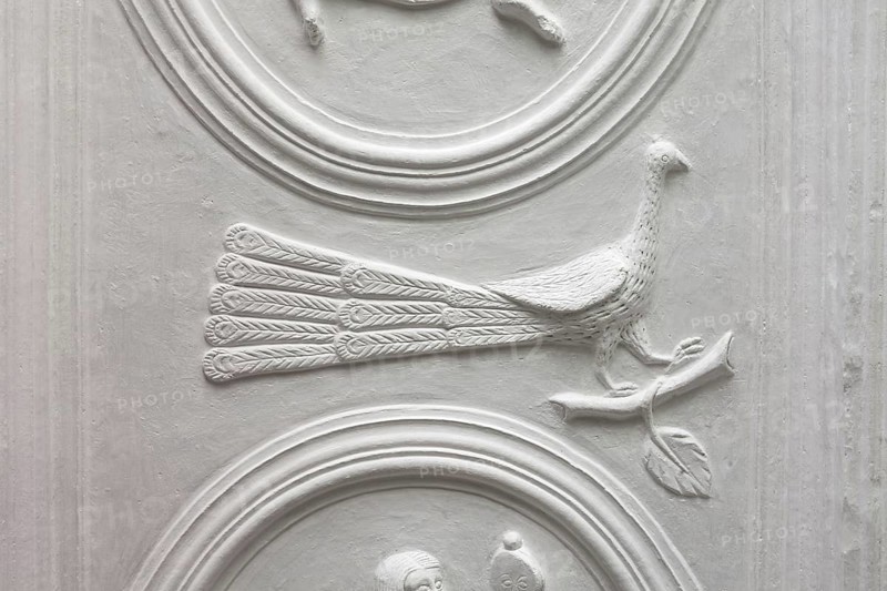 Stucco relief on the ceiling with allegorical depictions of the 5 senses, St., Sankt, Saint