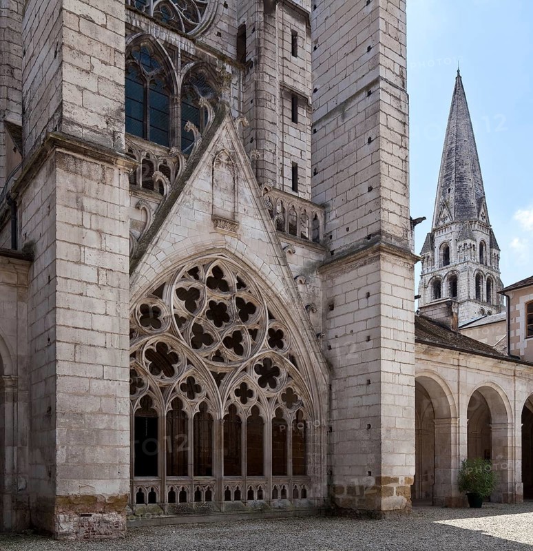 Auxerre, Burgundy former abbey church of St-Germain north transept gable lower section to cloister right steeple ST-JEAN Auxerre, St, St, Saint