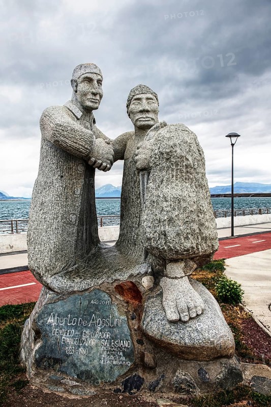 Stone sculptures represent the cultural heritage of the Aonikenk and Kaweshar ethnic groups, Puerto Natales, Patagonia, Chile, South America