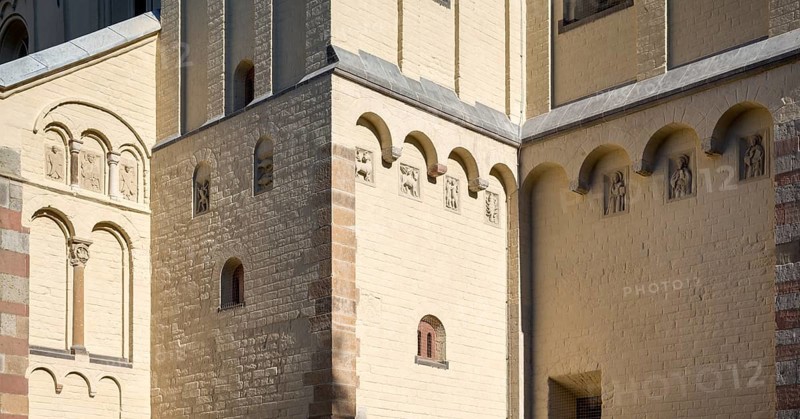Brauweiler near Pulheim, St Nicholas' Abbey Church, north-west corner of the tower with copies of the Romanesque reliefs