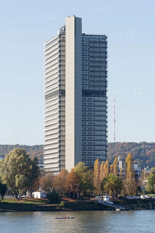 Former high-rise parliament building Langer Eugen, built 1966-1969 by Egon Eiermann, today headquarters of United Nations organisations, view over the Rhine
