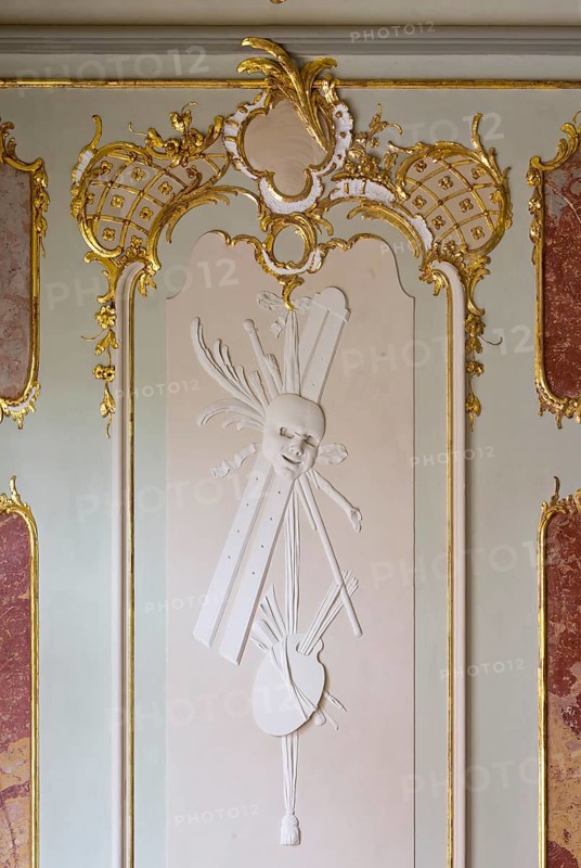 Rococo hall, stucco detail, allegory of the arts
