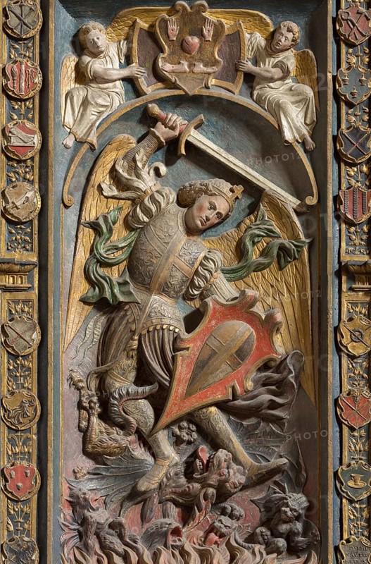 Brauweiler near Pulheim, St Nicholas' Abbey Church, north aisle, St Michael's Altar from 1561, Archangel Michael executing God's judgement
