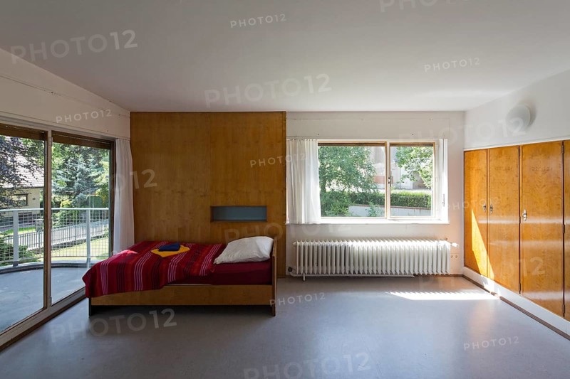 In GDR times House of the Pioneers, now Scharoun House, condition after refurbishment in 2012, bedroom on the upper floor with built-in wardrobes, French doors to the balcony