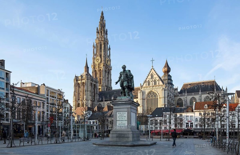 Antwerp, Groenplaats. Belgium Antwerp Cathedral of Our Lady 14-16th century View from south North tower 123 m high in front Rubens monument 1840 by Willem Geefs, St., Saint, Saint