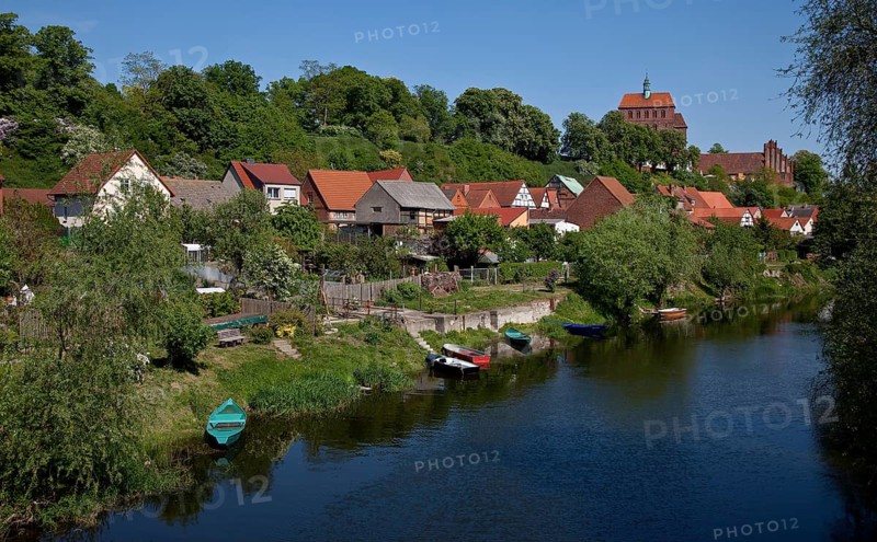 Distant view from the west with moat and houses on Bischofsberg, St., Sankt, Saint