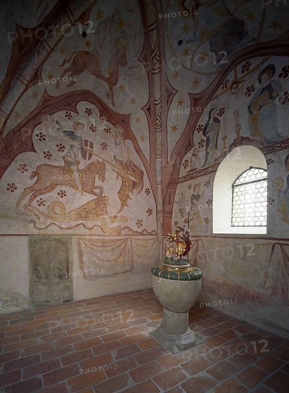 Pürgen, parish church of St. Georg, choral tower chapel with Romanesque frescoes with dragon engraving, St., Sankt, Saint