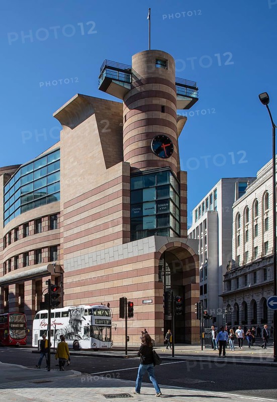 London, Queen Victoria Street. Postmodern head-end building on Queen Victoria Street designed by James Stirling in 1985 and realised posthumously in 1996