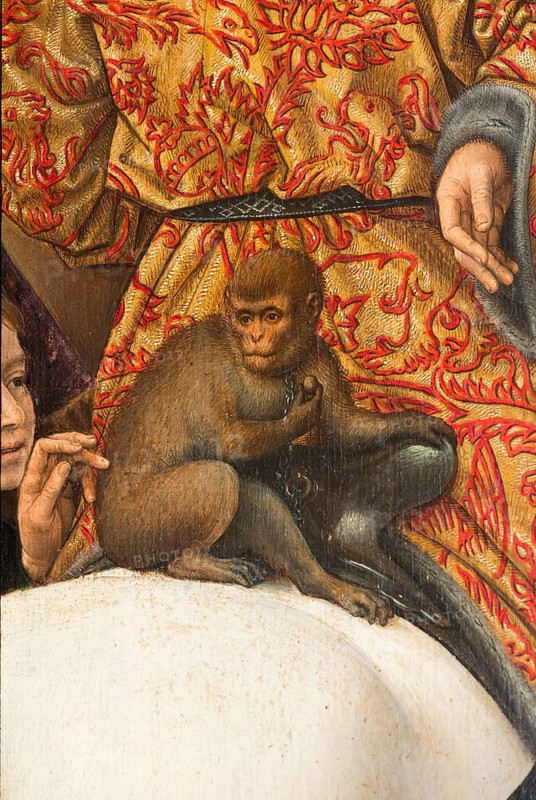 Passion altar from the Greveraden Chapel of the cathedral by Hans Memling, Bruges 1491, detail child and monkey, St., Saint, Saint