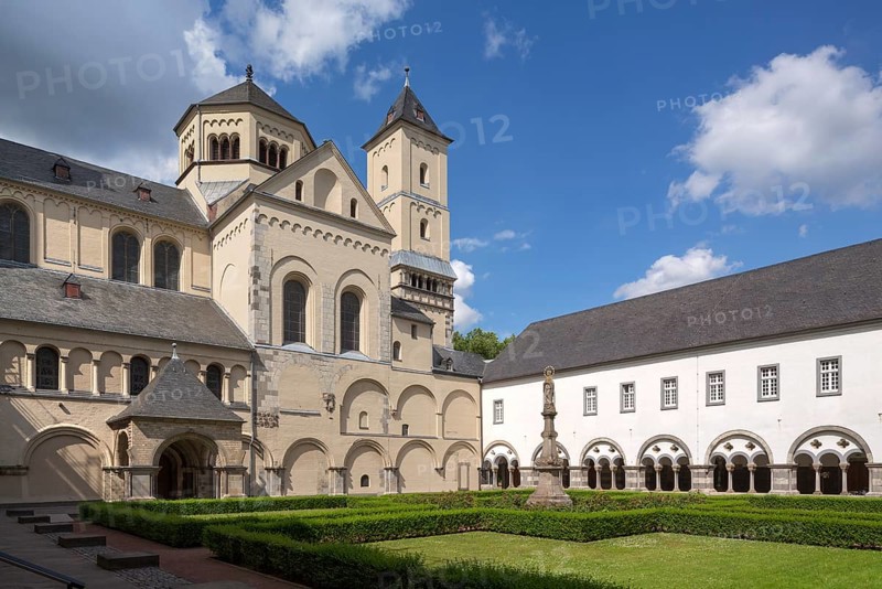 Brauweiler near Pulheim, Abbey Church of St Nicholas, view from the south-west from the Marienhof to the eastern part of the church, on the right the eastern cloister wing