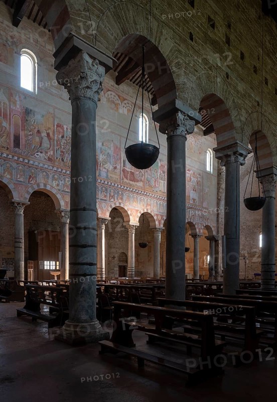San Piero a Grado near Pisa, basilica from the 10th century, interior, view from the south aisle to the north wall with frescoes, St Peter and St Paul cycle