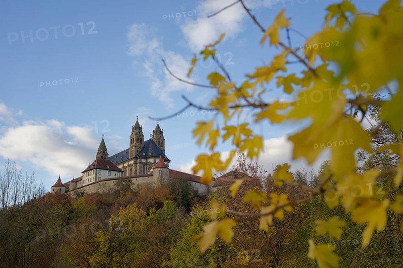 Golden October with colourful autumn leaves and view of the Comburg, autumn, leaf, autumn colours, autumn colours, Schwäbisch Hall, Benedictine monastery, Way of St. James, Hohenlohe, Germany, Europe