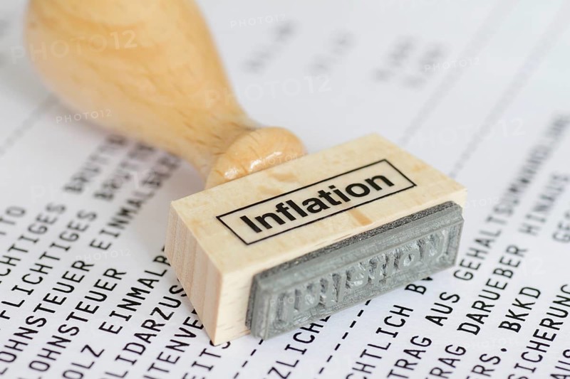 Stamp with the inscription Inflation, prices, price development, price increase, inflation rate, monetary value