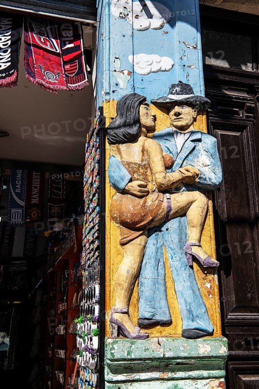 Tango carving on house post, La Boca, Buenos Aires, Argentina, South America