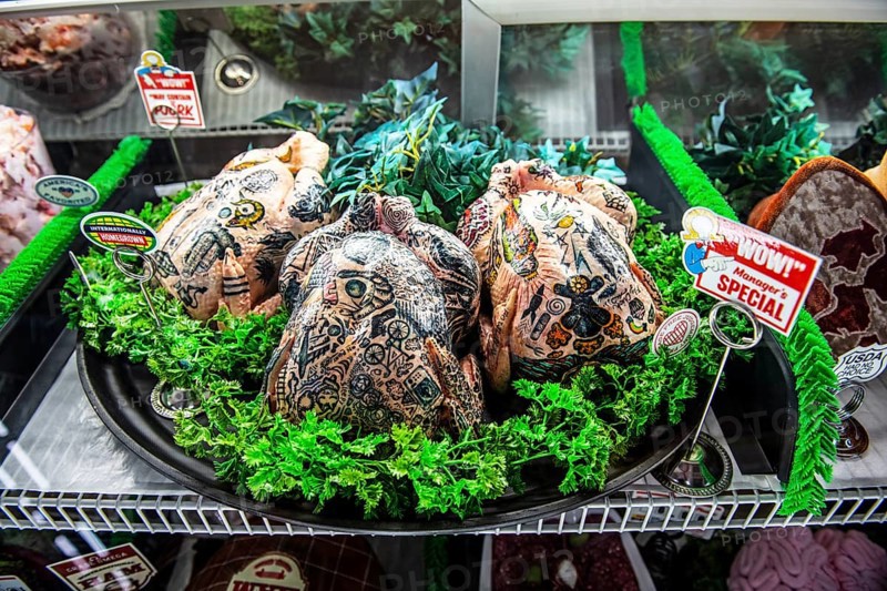 Tattooed barbecue chickens, Meow Wolf Museum, Area 15, Las Vegas, Nevada, USA, North America