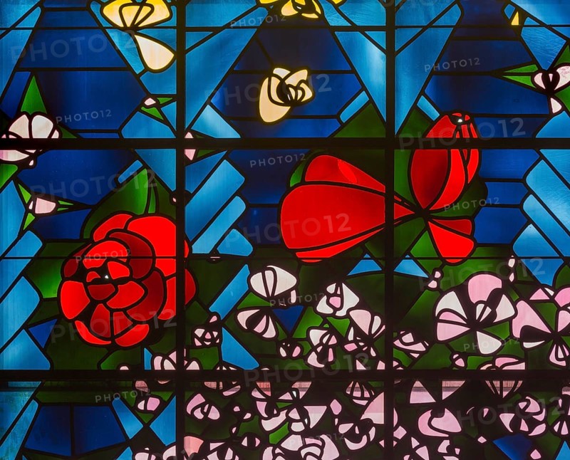 Built in 1954-1955 by Gottfried Böhm, window wall behind the altar, detail with roses