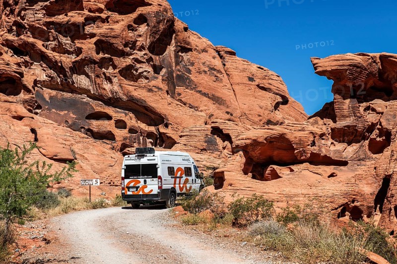 Motorhome at Atlatl Rock Campground, Valley of Fire State Park, Nevada, USA, North America