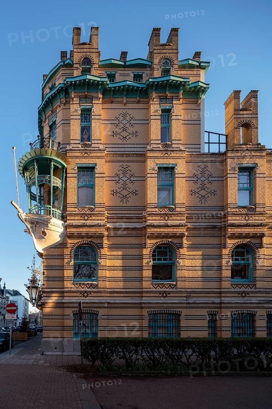 Antwerp, Art Nouveau houses, House of the Five Continents, built in 1901 by Frans Smet-Verhas, balcony in the shape of a ship