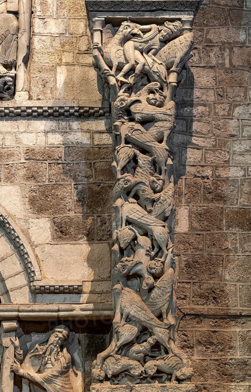 Souillac, former abbey church of Sainte-Marie, portal sculptures, relocated to the interior in the 17th century, beast pillars