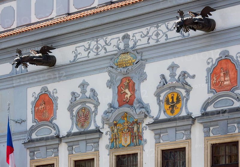 Nam. Premysla Otakara II, town hall, built 1727-1730 by Martinelli, coat of arms and gargoyle