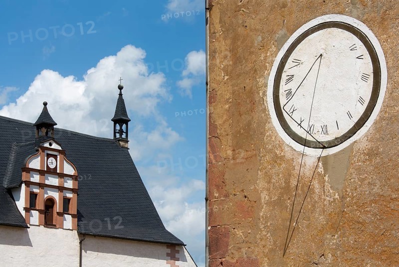 Monastery church from the south-east, in front of it sundial on the abbey house, St., Sankt, Saint