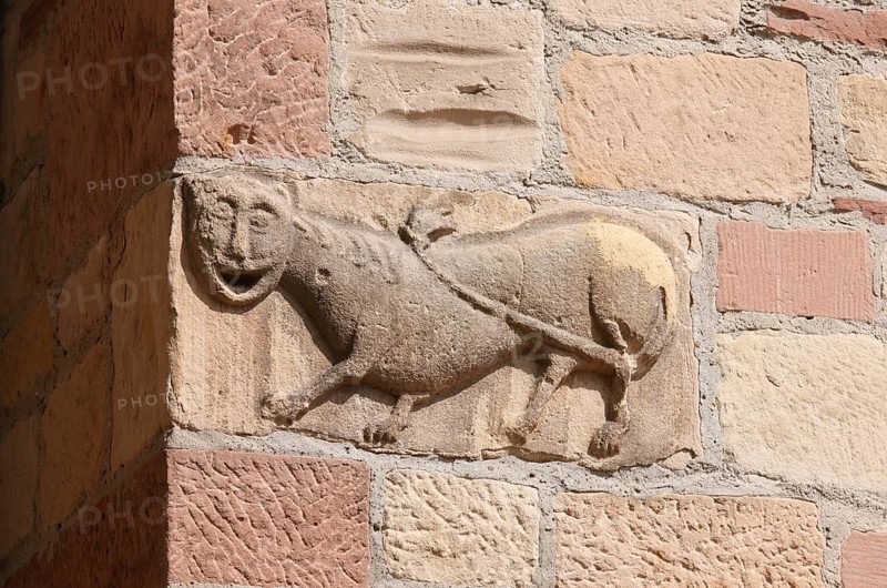 Built in 1830 by Georg Moller, rebuilt 1949-1953, Romanesque relief (of a predecessor church?), Löwe, St., Sankt, Saint