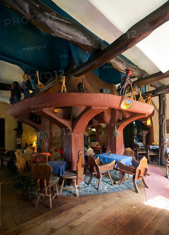 Built 1922-1923 by Bernhard Hoetger, café interior with large fireplace and furniture by Hoetger