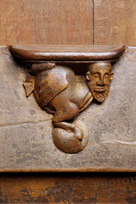 Choir stalls, misericordia with mythical creature, St., Saint, Saint