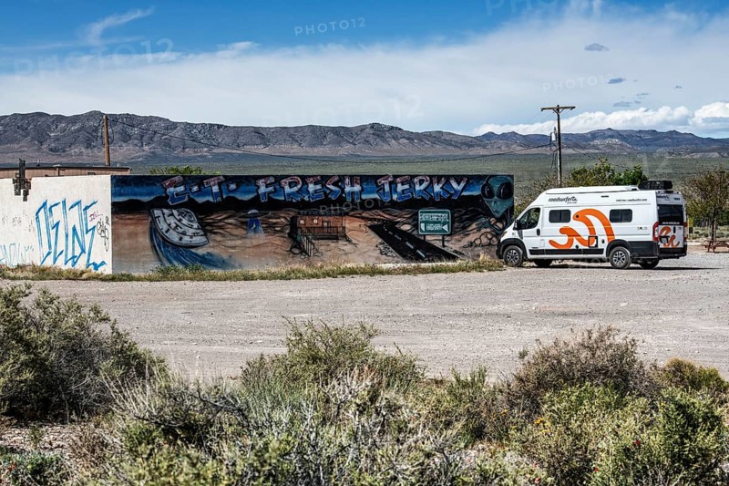 Motorhome in front of the E.T. Fresh Jerky Shop, Extraterrestrial Highway, Rachel, Nevada, USA, North America