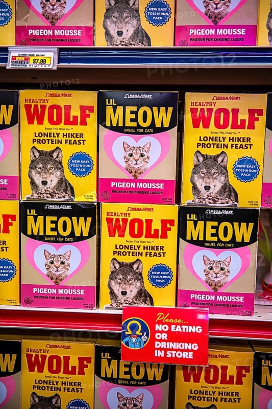 Pet food for wolves, art at the Meow Wolf Museum, Area 15, Las Vegas, Nevada, USA, North America