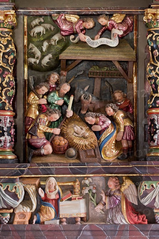 High altar, predella with angel of the Annunciation, above Nativity, St., Sankt, Saint