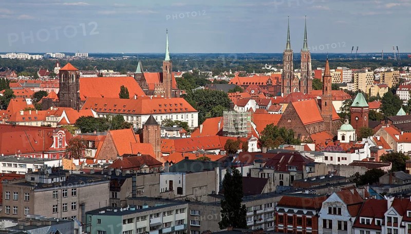 View from the tower of St Elisabeth's Church to the north-east with several medieval churches and the twin-towered façade of the cathedral, St, Sankt, Saint