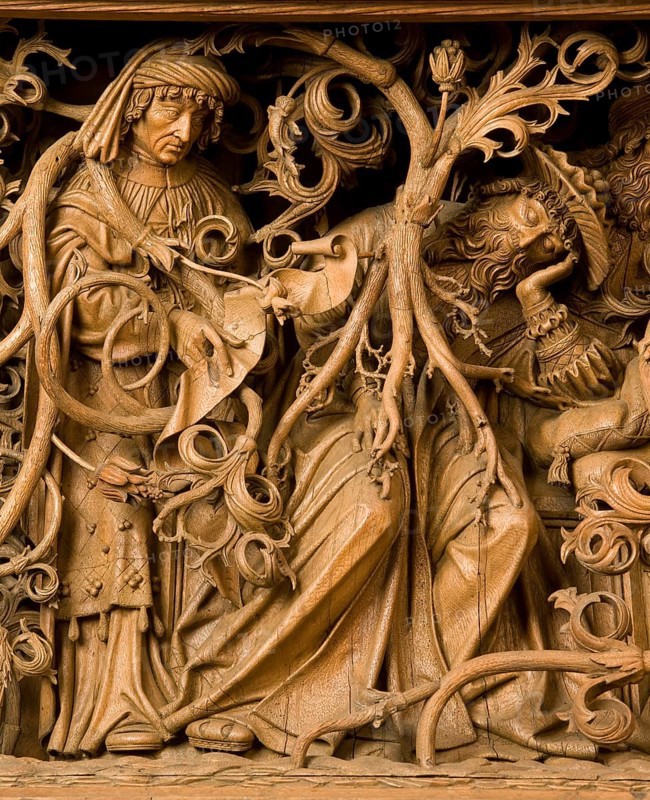 Seven Sorrows Altarpiece, Henrik Douvermann (1518-1521/22), predella, Root of Jesse, Sleeping King Jesse, St., St., Saint