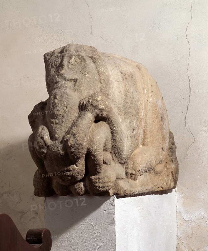 Former Cistercian nunnery Himmelthal in Spessart. Founded in 1232, the present church dates from 1753 and is now the Elsava School. Late Romanesque depiction of demons from the founding church, St., Sankt, Saint