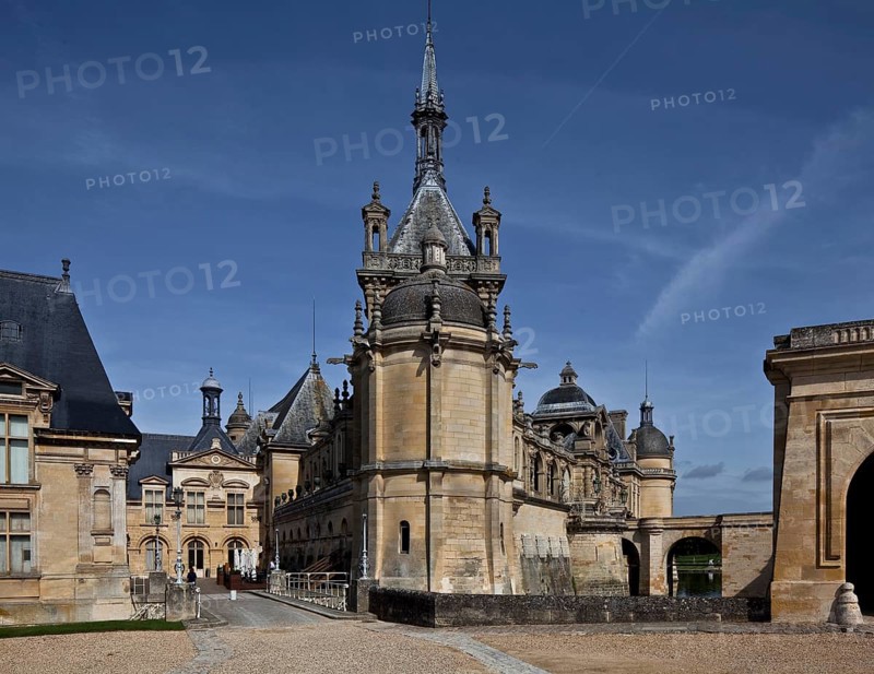 Chantilly, Chateau-de-Chantilly, castle park, view from south-east, large castle, mausoleum and chapel in front, 1875-81 by Honoré Daumet