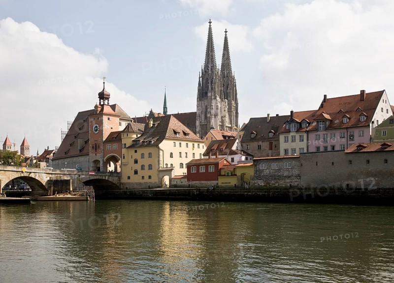 Bridge gate and cathedral from north-west, view over the Danube, St., Sankt, Saint