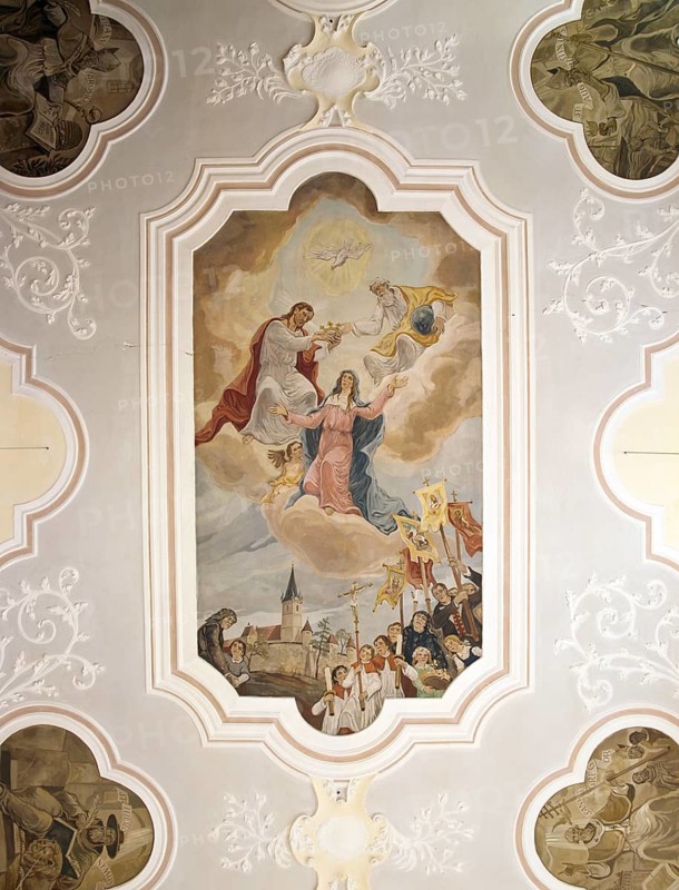 Heßdorf, Hannberg. Nativity of Mary fortified church. Fortified church complex from the end of the 15th century. 20th century ceiling painting, St., Sankt, Saint